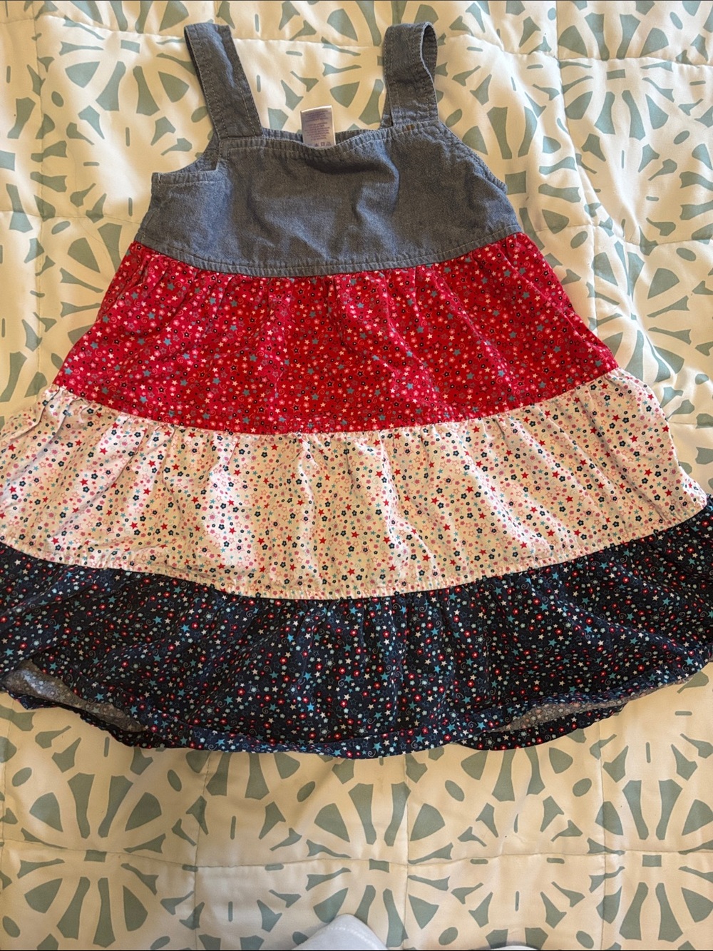 Tiered Star Print Sundress with Chambray Bodice - Red, White & Navy
